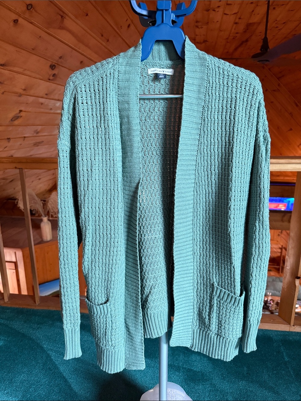 American Eagle Outfitters Open-Front Knit Cardigan in Sage Green